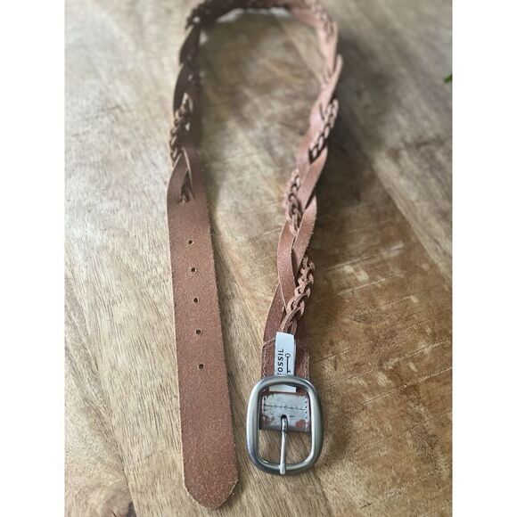 Fossil Silver Metallic Braided Leather Belt Women’s M 42” Rustic Boho Style - Picture 3 of 6
